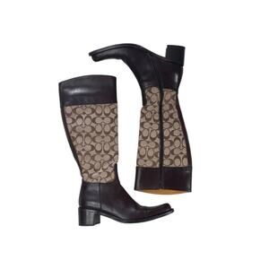 Coach Olivia F2 Tall Boots Womens 8.5B Brown Leather Signature Canvas Italy